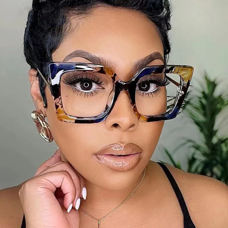 Vintage Oversized Square New Anti-blue Light Eyeglasses For Women Fashion Colored Glass Flower Oversized Computer Myopia Glasses
