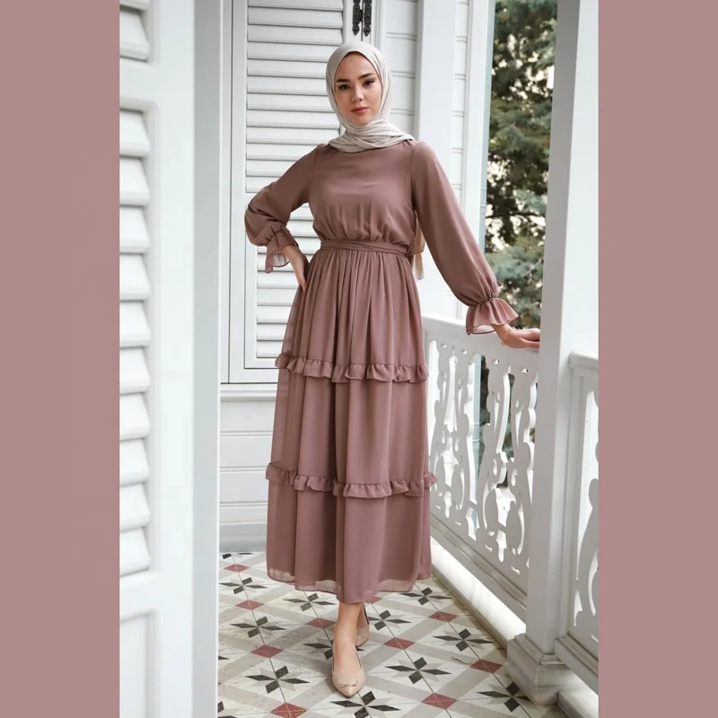 MOTIVE FORCE New Arrival Fashion Arabian Women Dress Islamic Elegant Ladies Slim Ruffle Turkish Muslim Dresses