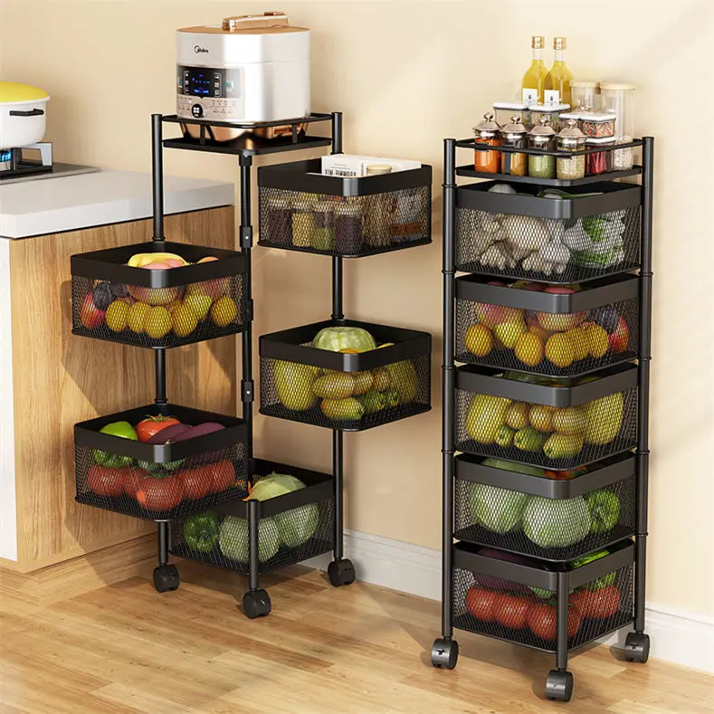 Wholesale 5 Tiers Vegetable Basket Fruit Storage Basket Kitchen  360 Degree Rotating Square Rotating Rack