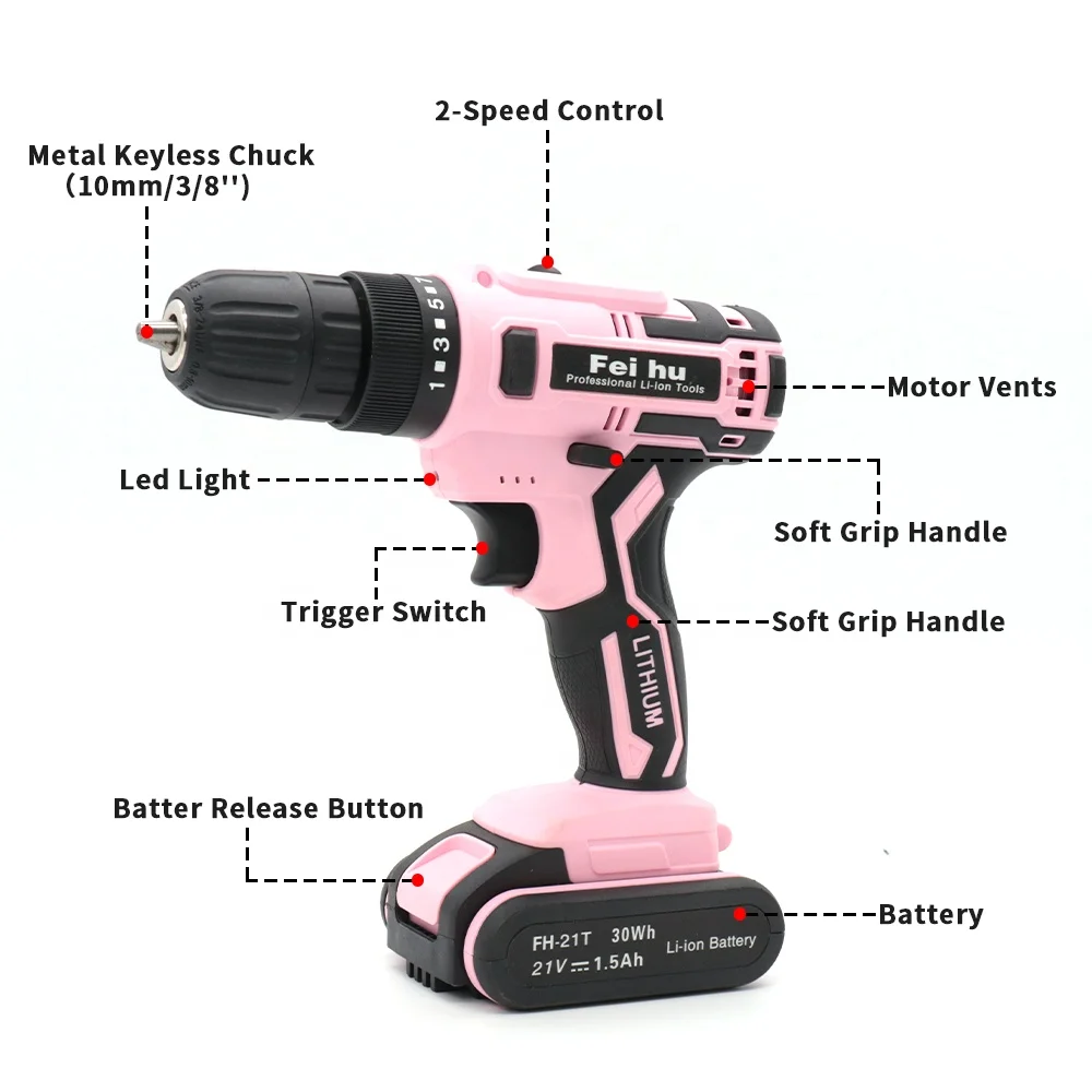 Feihu Mini Power Drilling Machines Electric Cordless Nail Drill Machine Set Prices with LED Light and Wood Battery Brush Motor