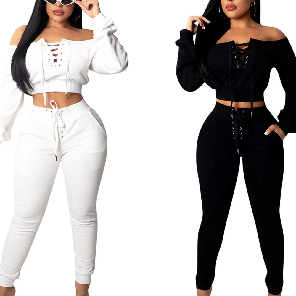 Hot Sale Women Clothing Cotton 2 Piece Set Women Two Piece Pant Set Women Clothing Sexy Off The Shoulder Crop Top