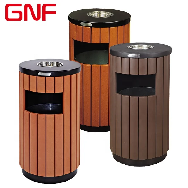 GNF outdoor round plastic wood trash bin garden plastic wooden dustbin