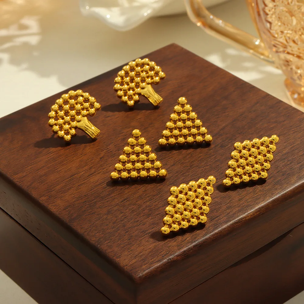 Wholesale Stainless Steel Jewelry 18K Gold-plated Tree Triangle Rhombus Geometric Steel Ball Splicing Hollow Earrings for Women