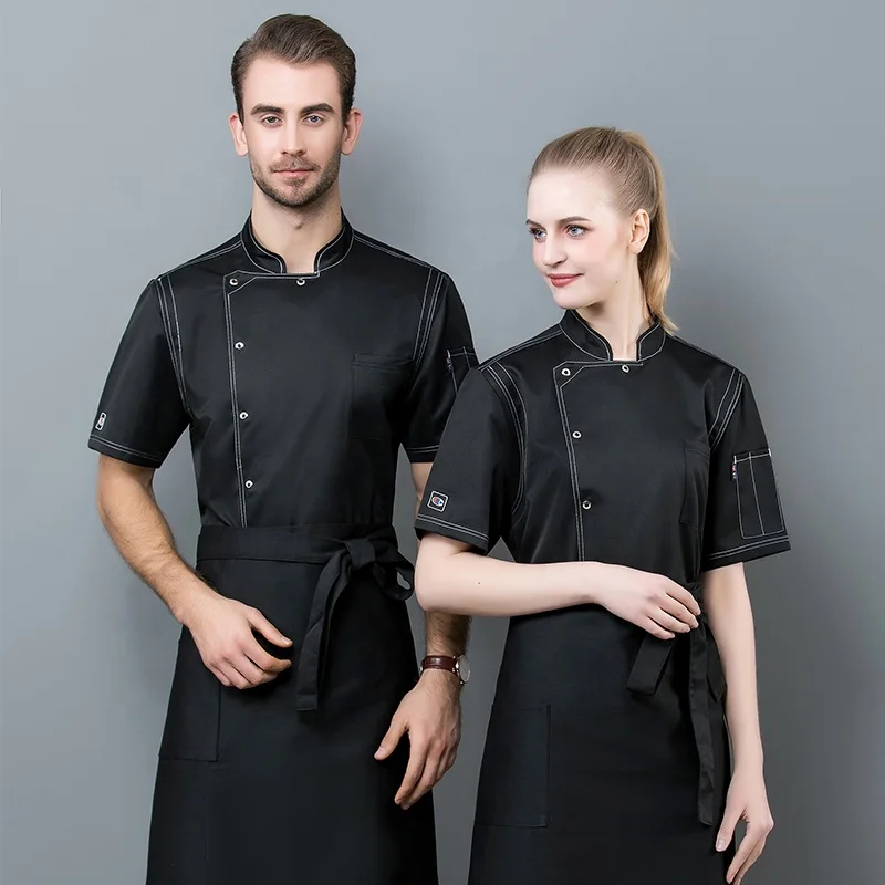 OEM Wholesale Custom Summer Hotel Uniforms Black Short Sleeve Chef Jacket Quantity Cotton Unisex Item Style Time Lead Fabric BEI