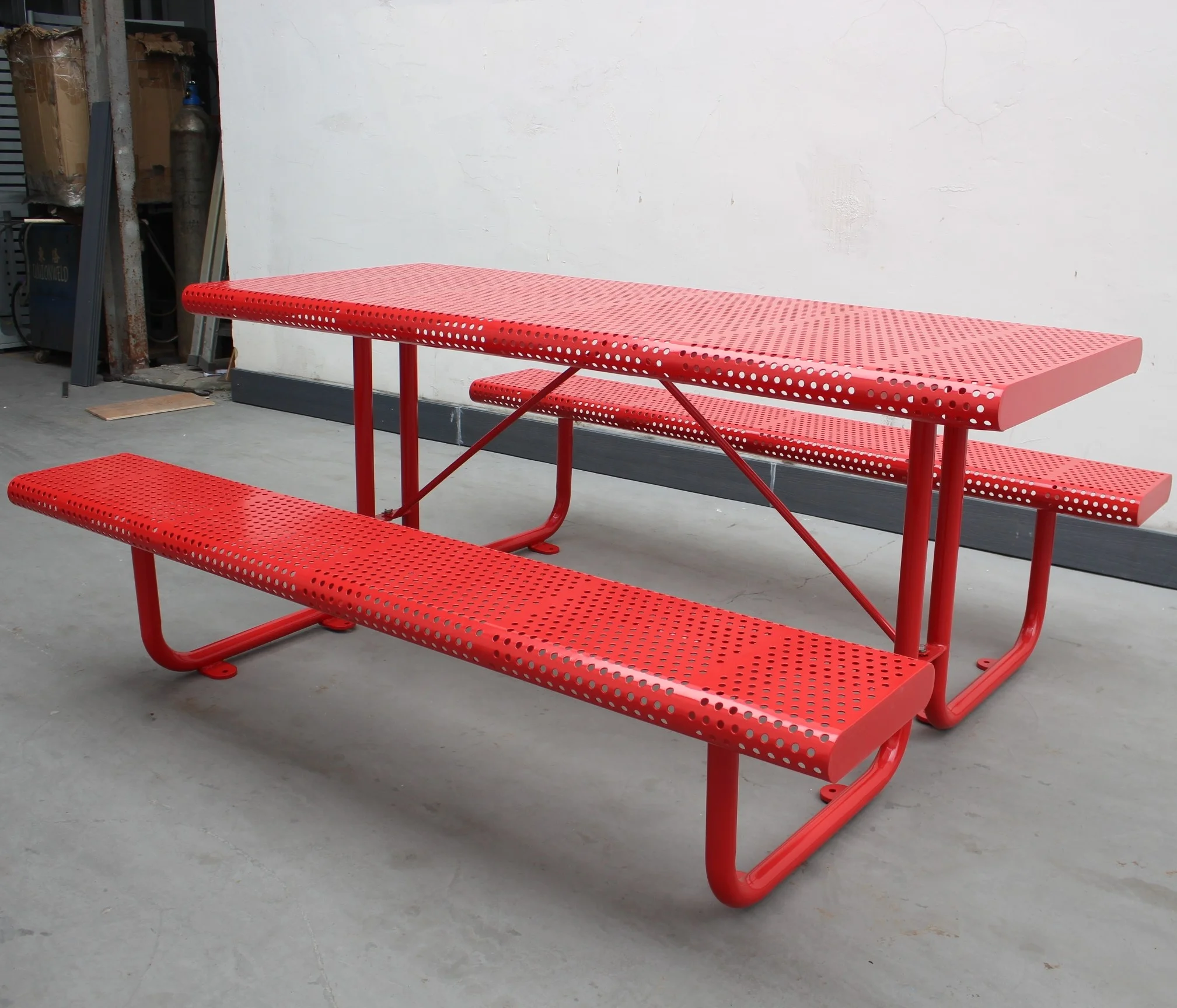 Perforated metal commercial outdoor table and bench set steel picnic table for public space