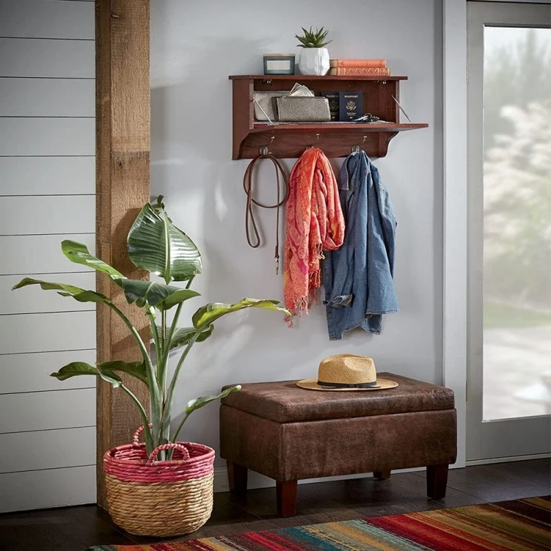 Rustic Wall Mounted Wood Concealment Shelf Storage Organizer Wooden Floating Shelf With 3 Hanging Hooks and Secret Compartment
