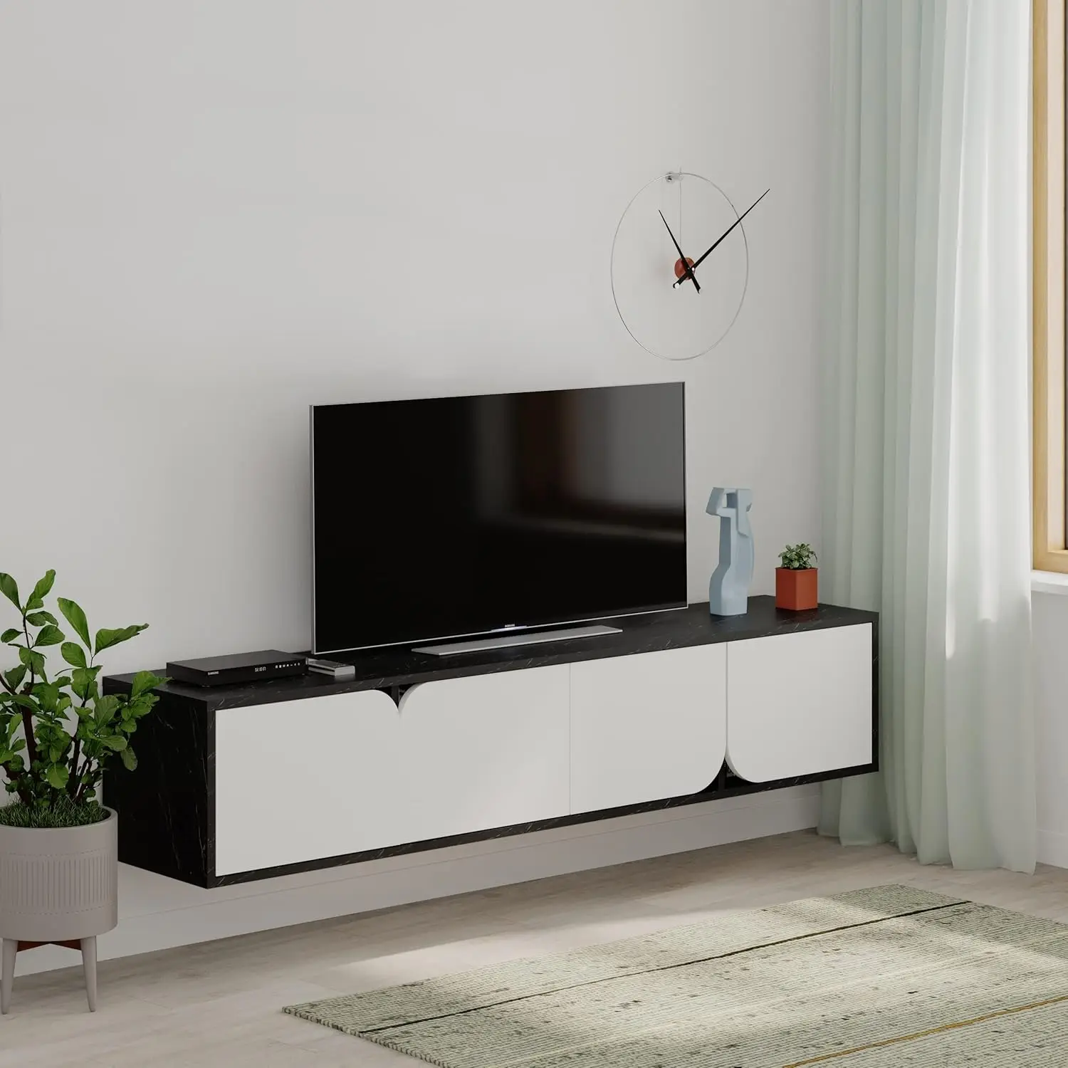 Modern TV Stand Multimedia Centre TV Unit Black Marble Effect White With Storage Cabinet 180cm