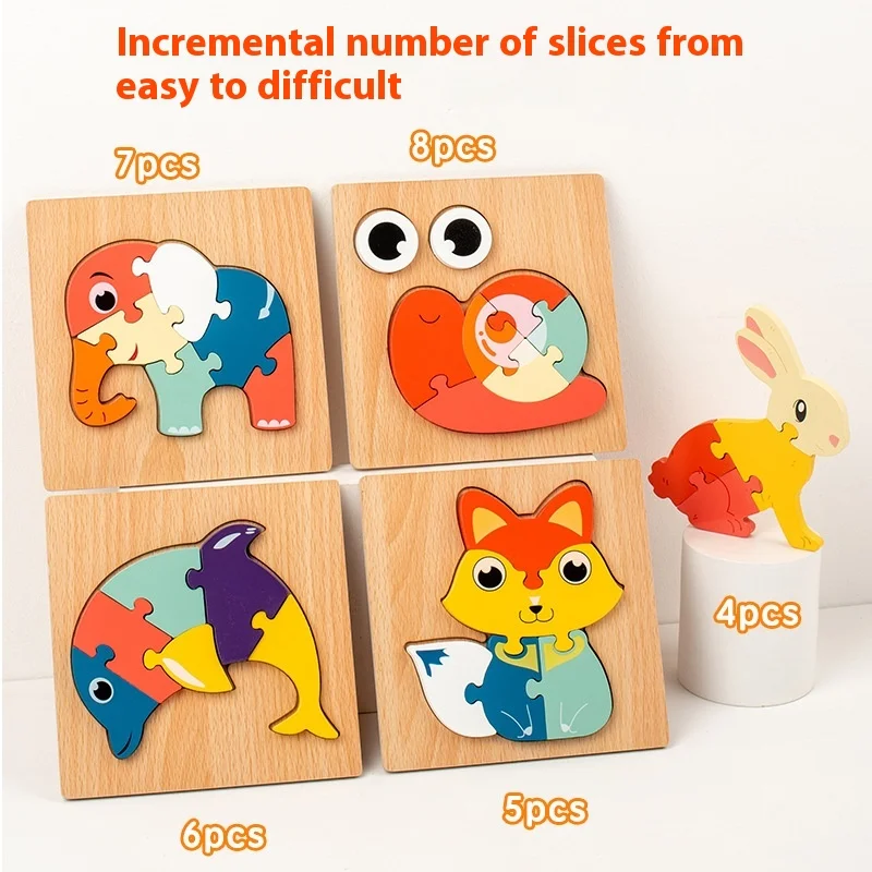 Wooden educational building blocks Early education puzzle toys Kids thickened puzzle educational toys Cartoon animal 3D puzzle