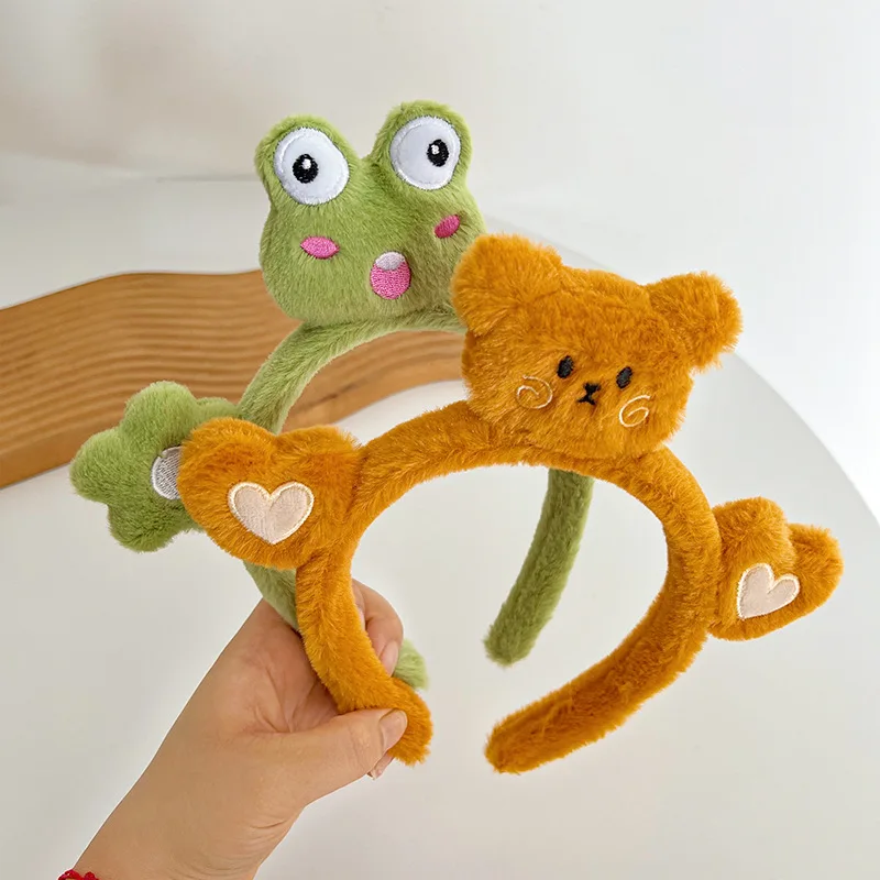Fluffy Fabric Cartoon Sweet Hair Bands For Women Panda Cute Rabbit Embroidery Hairbands Frog Decorative Velvet Hair Accessories