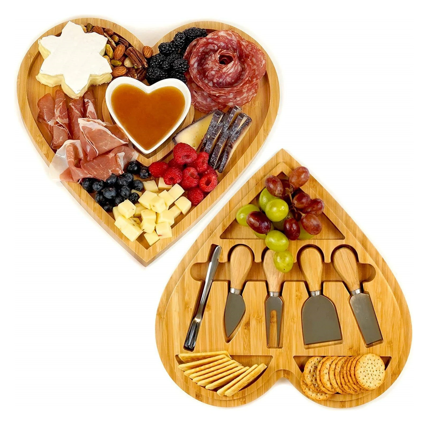 Double Heart Cheese Board with Knife set Kitchen Bamboo Cutting Board Picnic Fruit Butter Snack Serving Tray