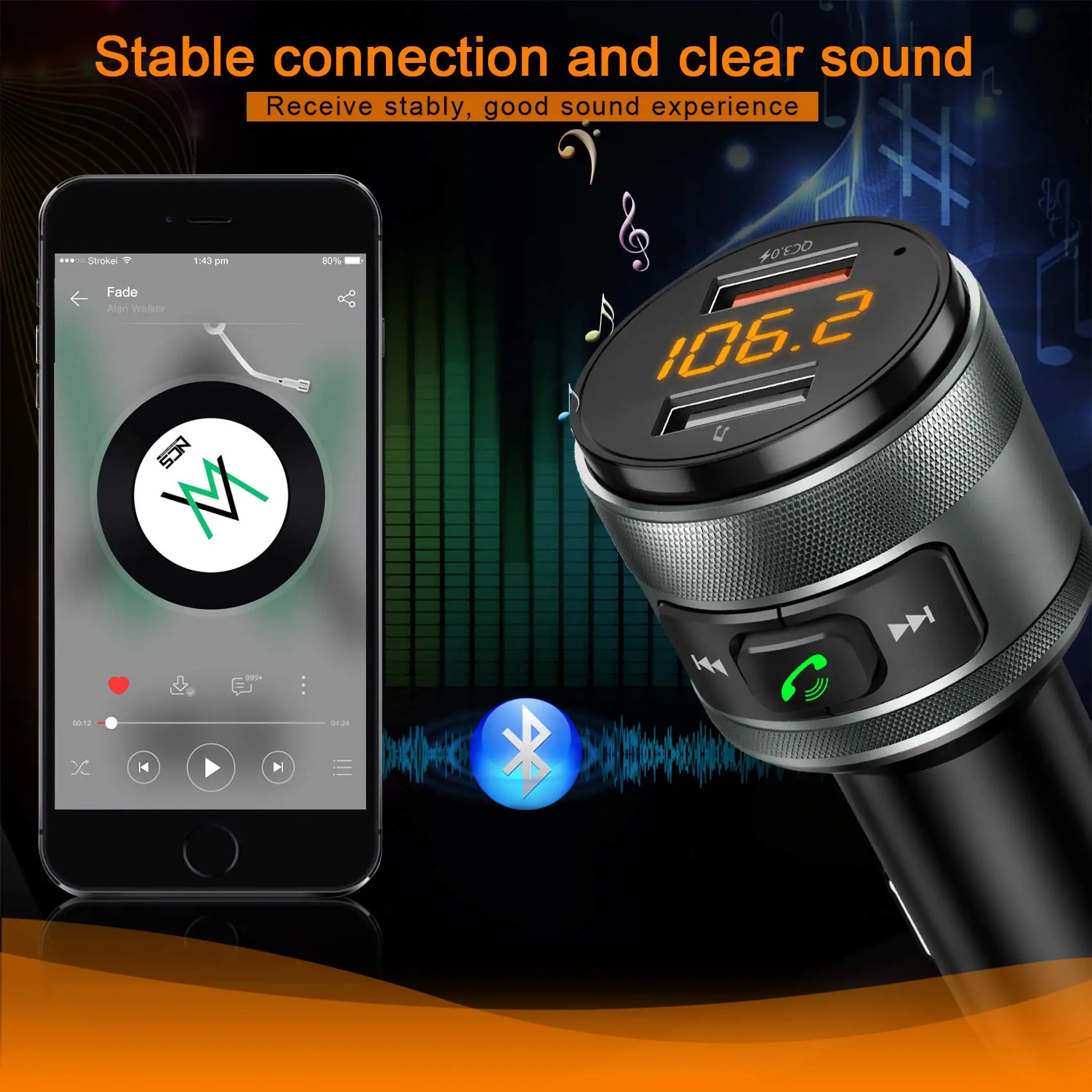 C57 Wireless Car FM Transmitter MP3 Player Hands Free Calling QC3.0 Fast Charger Wireless BT5.0 Frequency Modulation Transmitter