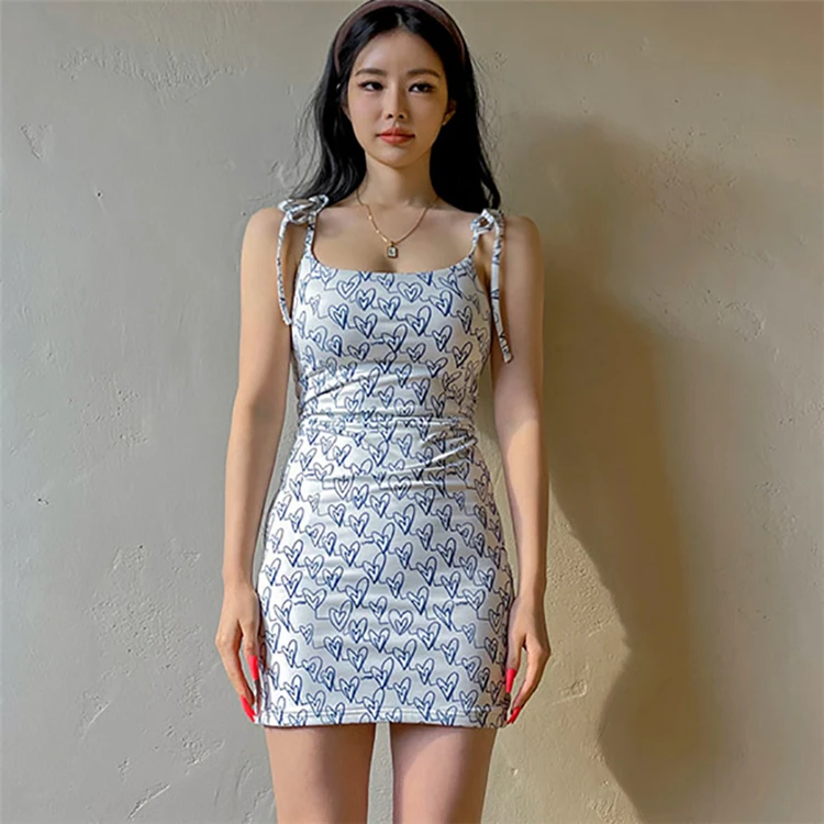 Hot Sale Spaghetti Strap Mini Dress Summer Sweat Heart Pattern Girl Pink Dresses