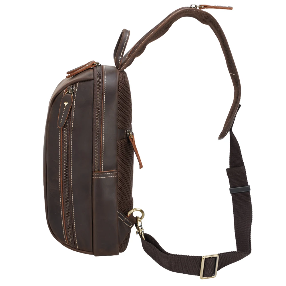 Travel Crossbody Shoulder Sling Bag Running Full Grain Brown Genuine Leather Crazy Horse Leather Chest Bag