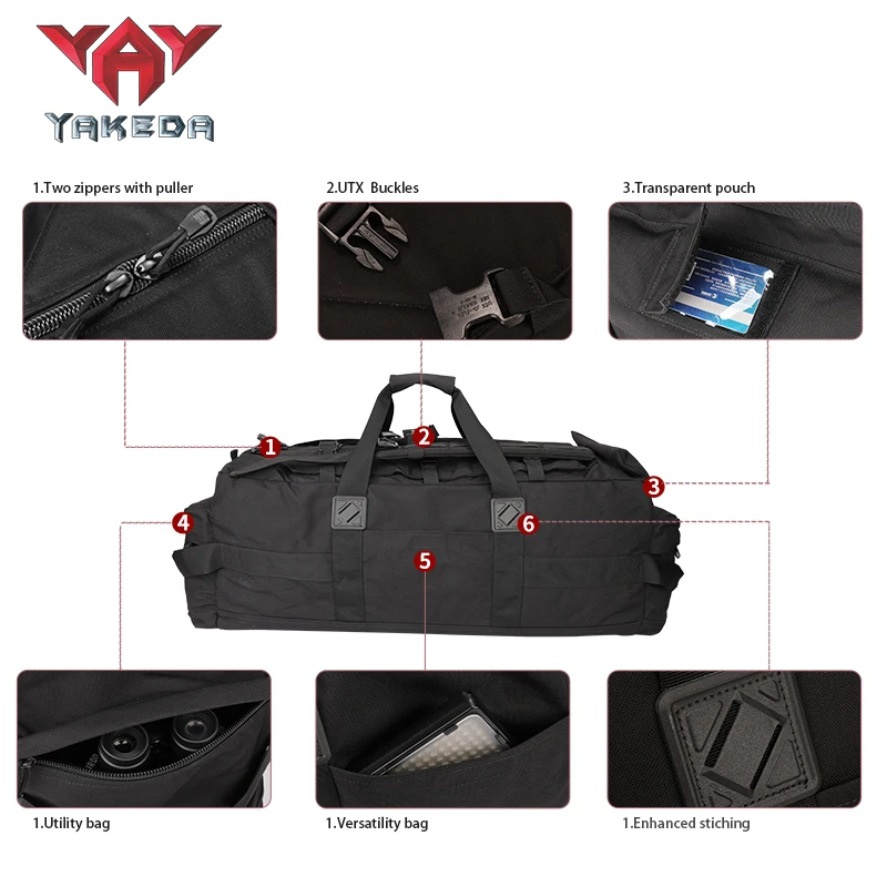YAKEDA Large Outdoor Backpack Black Bolso Mochila Rucksack Activites Duffle Bag Travel Luggage Training Style Tactical Backpack
