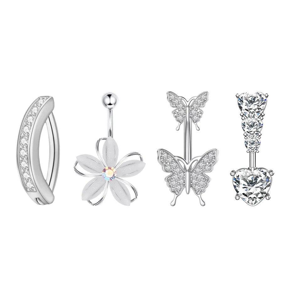 316L Stainless Steel Belly Button Rings Butterfly Flower Curved Barbell Crystal CZ Navel Rings Body Piercing Jewelry