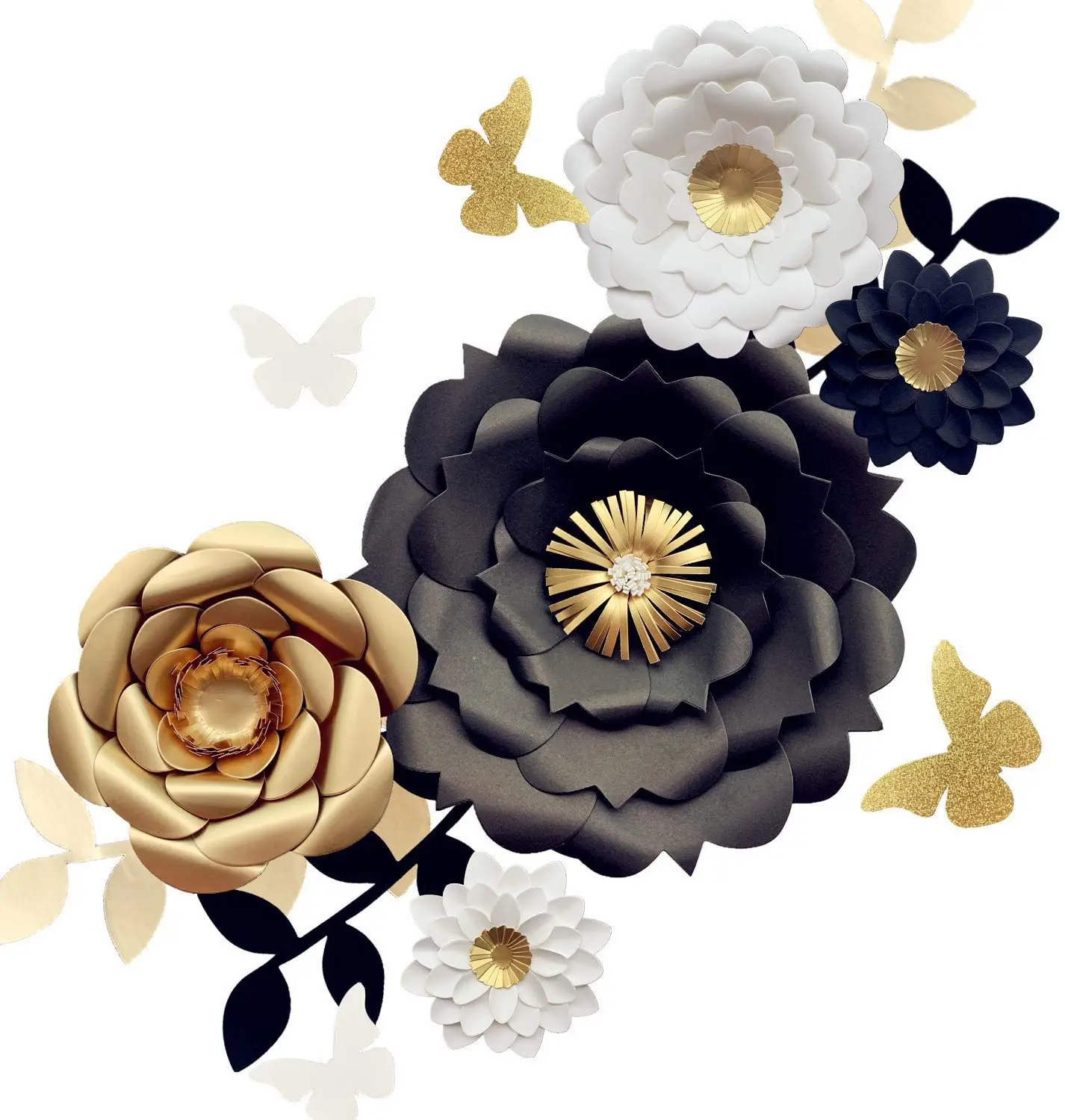 3D Paper Flower Decorations Set of 13 White Black Gold Giant Paper Flowers for Wedding Backdrop