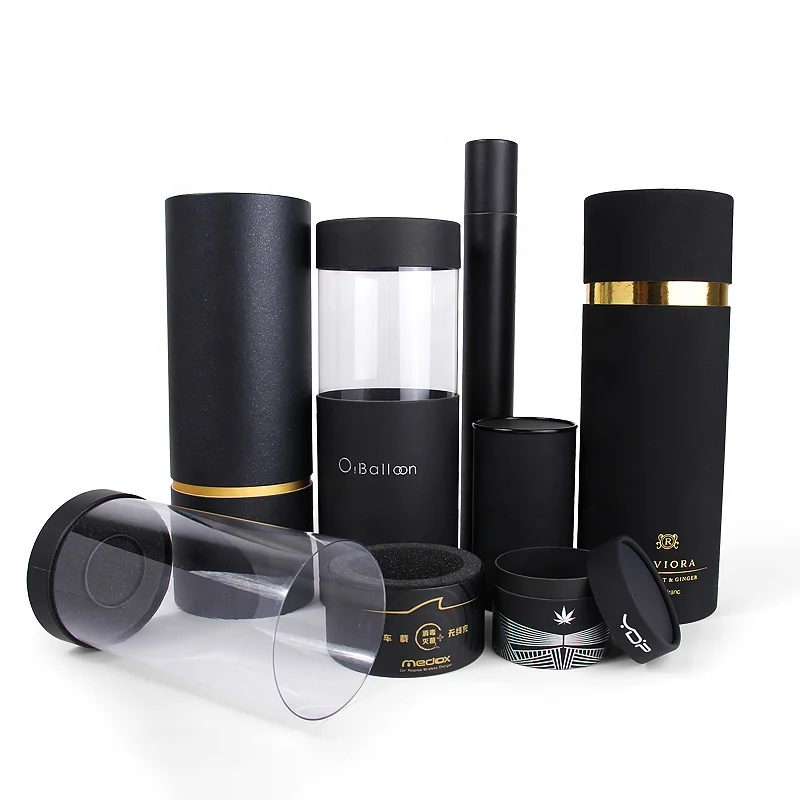 High quality black gift round cardboard cylinder paper tube for clothing t shirt sunglass perfume cosmetic plastic packaging box