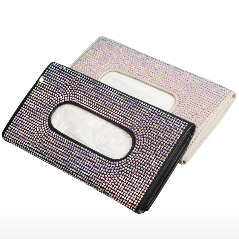 Car Universal Rhinestone Pu leather Sun Visor Tissue Box Cover Napkin Holders Crystal Storage Paper Towels Box