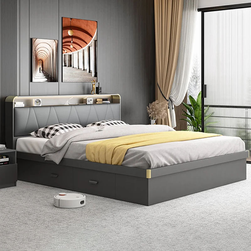 Foshan BedroomFurniture Wooden Bed Frame with Storage Double Queen Bed Frame With Drawers and LED Light