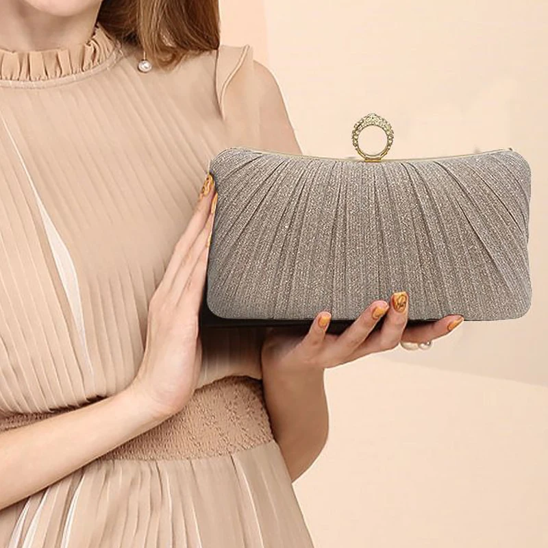 2024 Luxury Ring Solid Color Pleated Wedding Party Pair Clutch Bag Geometric Pattern Silk Pearl Dinner Bag