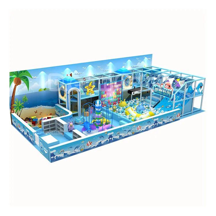Ocean theme blue wooden toddler plastic slides baby play equipment kids soft indoor playground