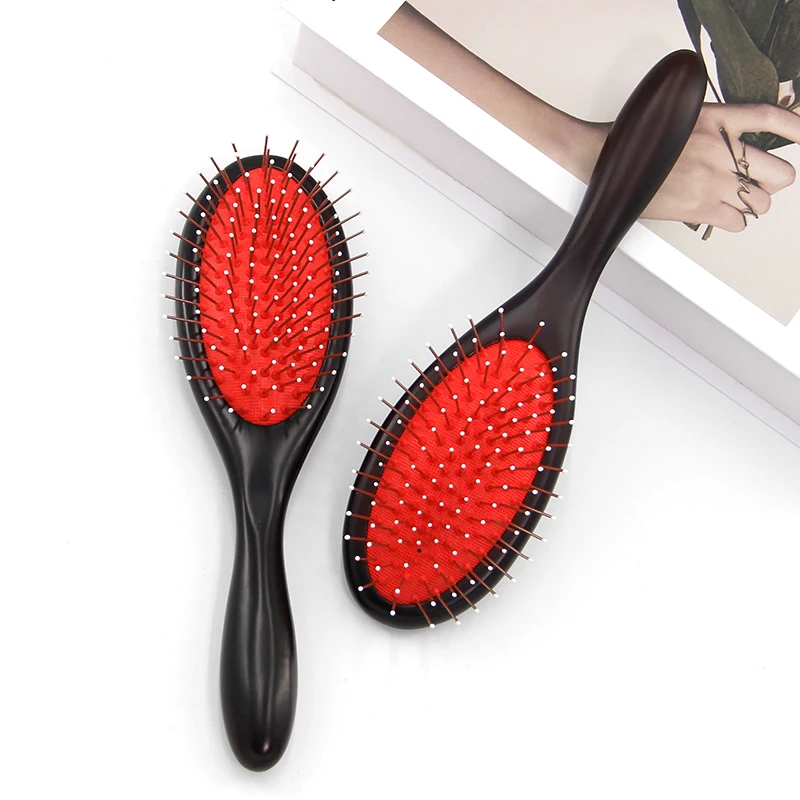 New Custom Logo Hairbrush Metal Pins Bristle Wig Brush Round Paddle Detangling Wooden Hair Brush