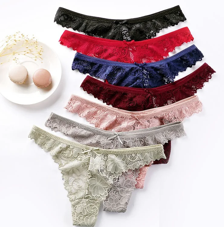 911 Comfortable Cotton Crotch  Breathable Low Waist Women Pure Desire Sexy Transparent Sheer Lace Thong Underwear  7 pieces