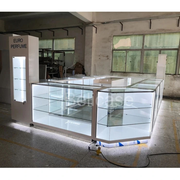 Commercial Shopping Mall Cosmetic Display Kiosk Luxury Design Glass Showcase Cabinet Display Kiosk for Perfume