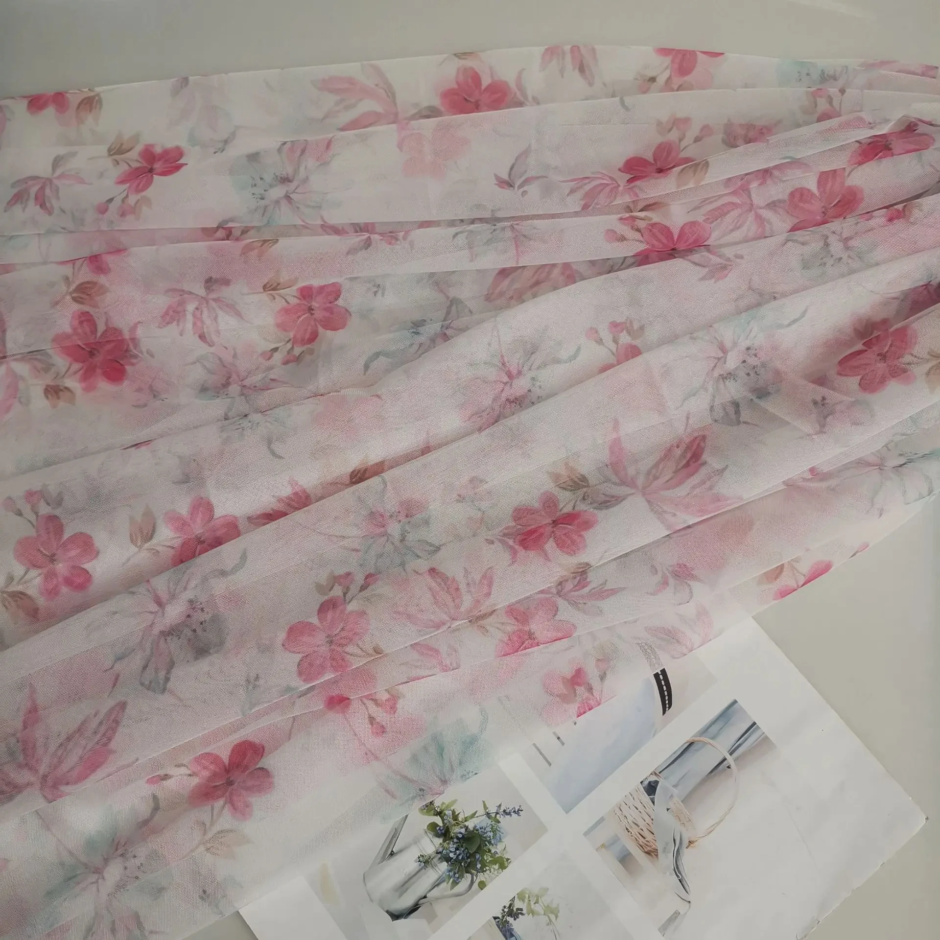Floral Print Mesh Flower Digital Printed Tulle Breathable Summer Dress Polyester Fabric