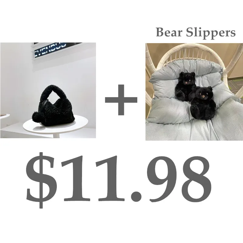 2021 Winter Warm Ins Trendy Designer Plush bag Free Bear Slippers Luxury Soft Faux Fur Women Hand bag Set