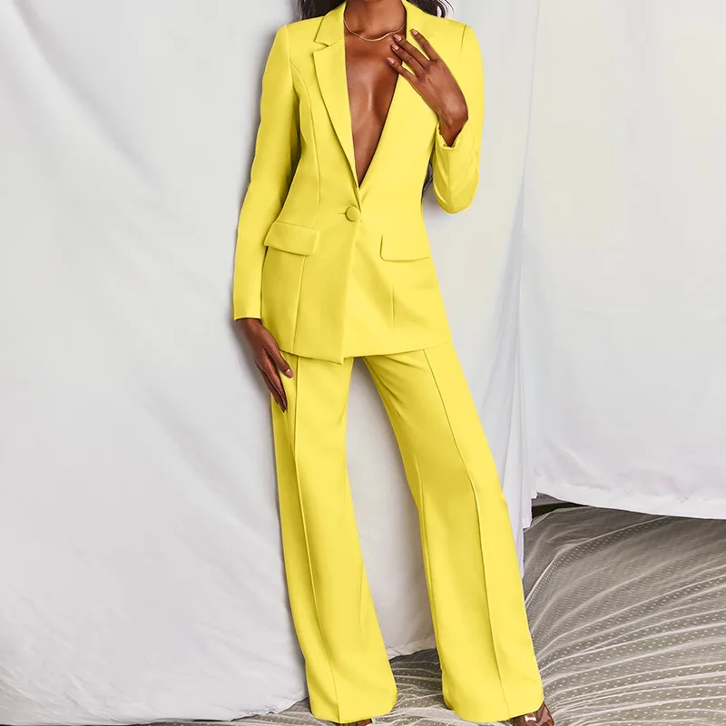 
Fashion Women Office Coats Blazer Yellow/Pink Elegant Ladies Celebrity Evening Runway Party Pants Suits 