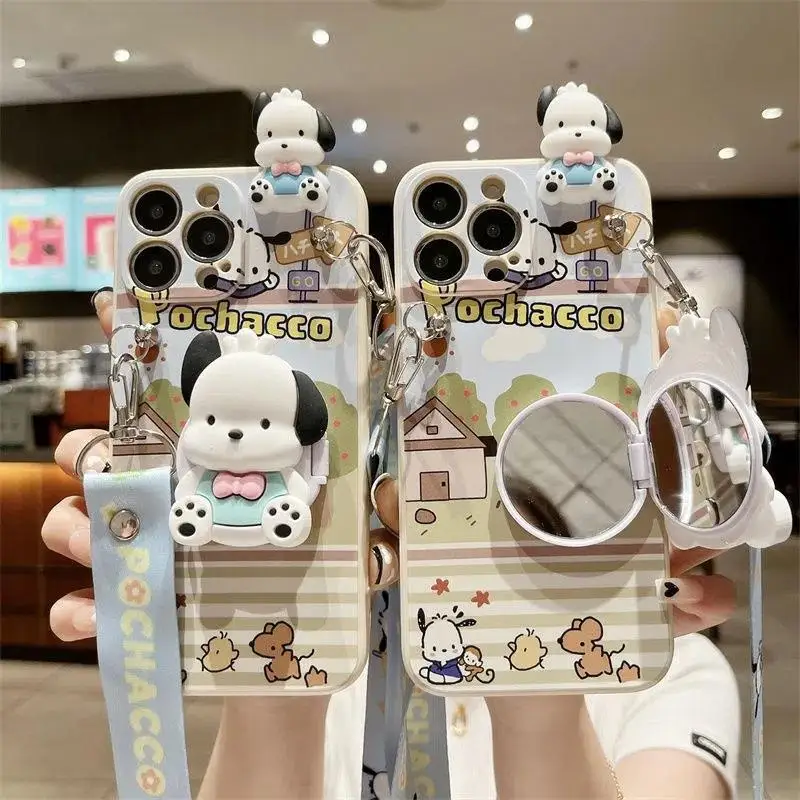 New Arrival Cartoon Cute Pochacco Phone Cases With Mirror Holder TPU Shockproof Cover For iPhone 7/8 Plus 11 12 13 15 16 Pro Max