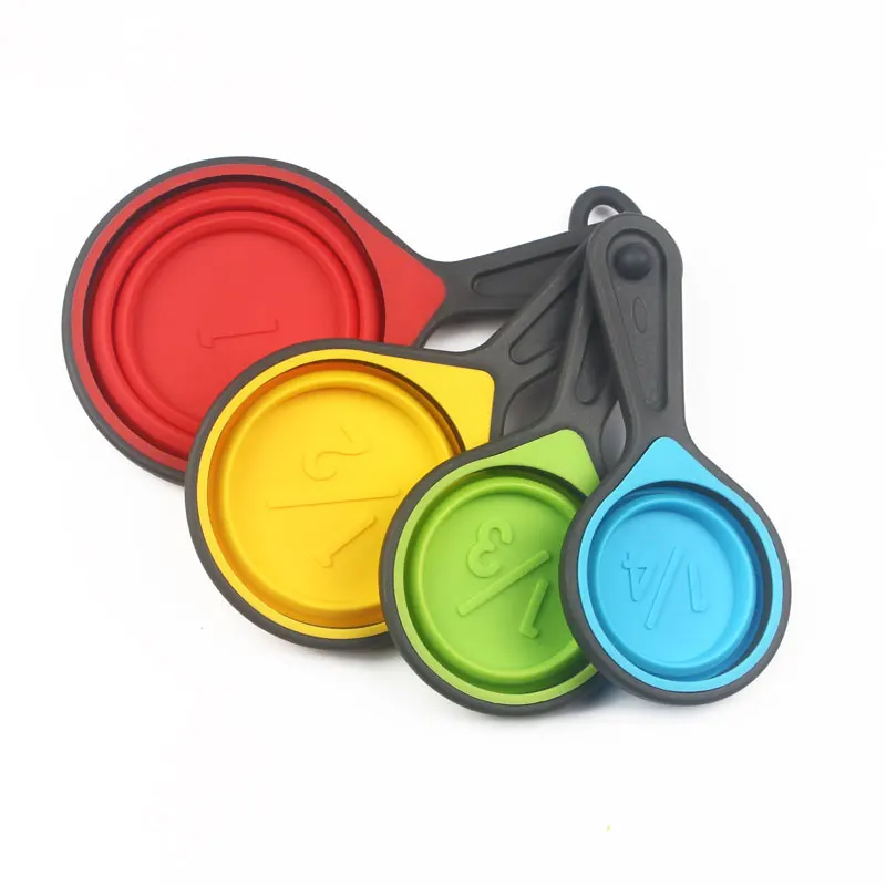 Kitchen Baking measuring Tools 4 Piece Set Collapsible Folding Silicone Measuring Cups Set With Plastic Handle