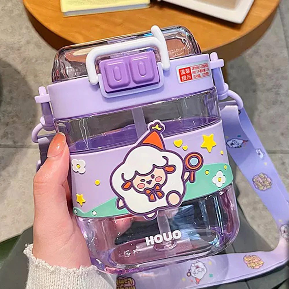 J96 portable strap students plastic water bottle with straw 560ml Cute rabbit cartoon square plastic water bottle for kids