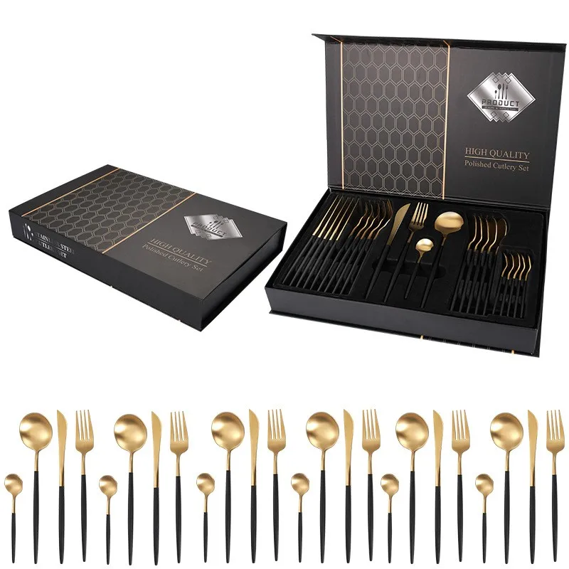 24-Piece Gold Silverware Cutlery Set Portable Tableware for Weddings Banquets Feasts Sustainable Metal Dinnerware with Gift Box