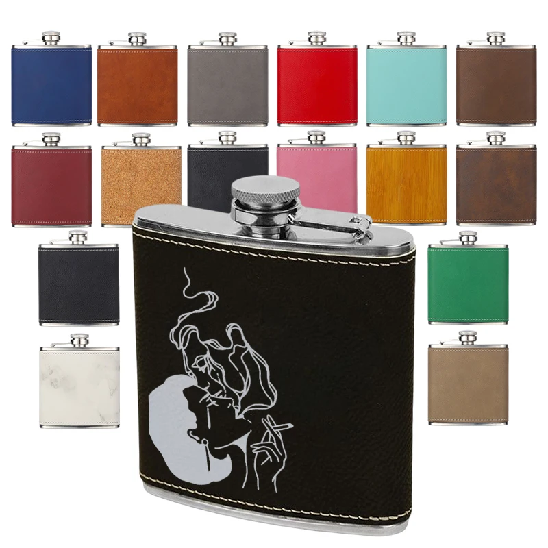 AGH Laserable custom Logo 6oz stainless steel leather hip flask Alcohol Liquor Whiskey Bottle gifts wine pot