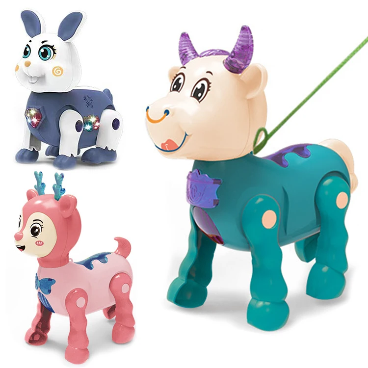 Custom Puzzle Plastic Electric Simulation Calf Cow Deer Sound Effect Lighting Music Cute Pets Rope Pulling Electric Toys