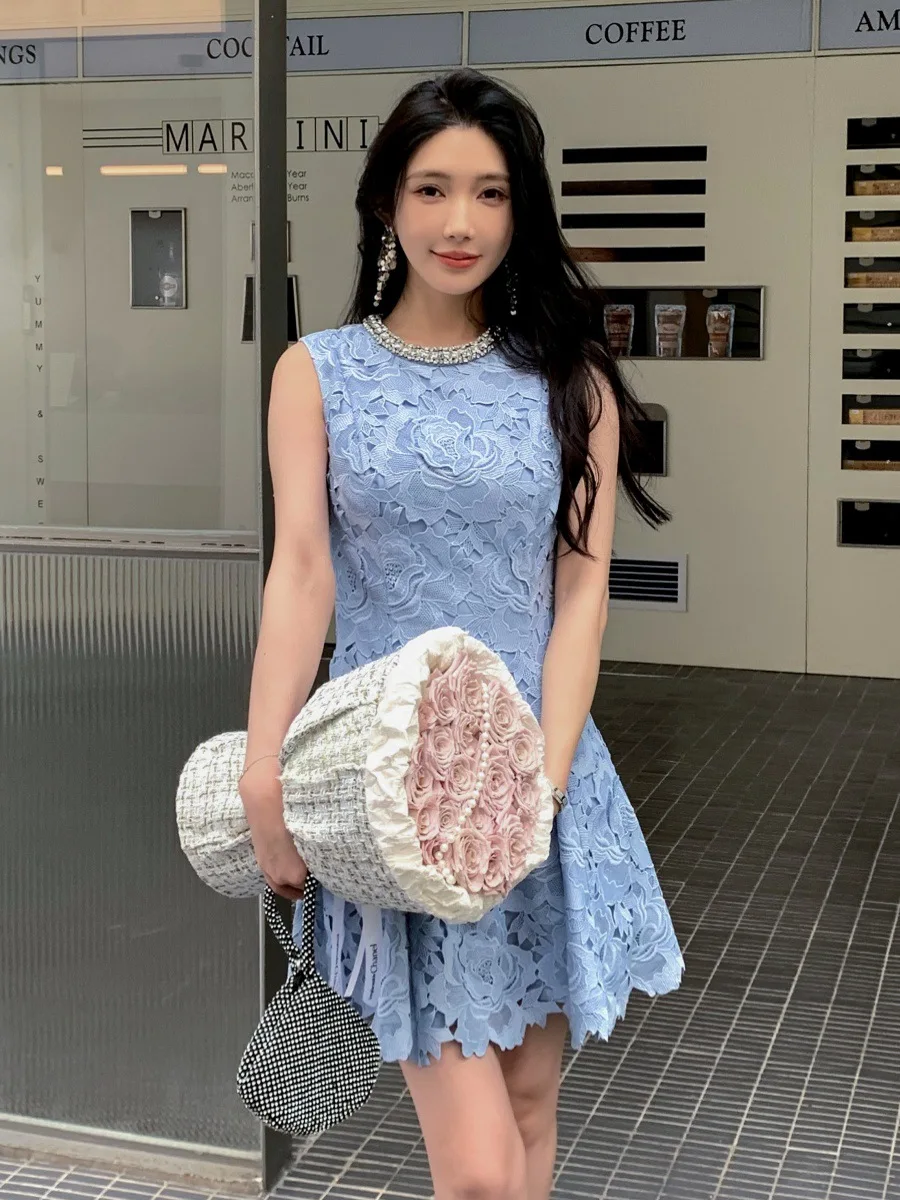 Fashion luxury Winter 2024 hot sales new 3D lace long blue women dress sexy hollow out slim party elegant evening dress
