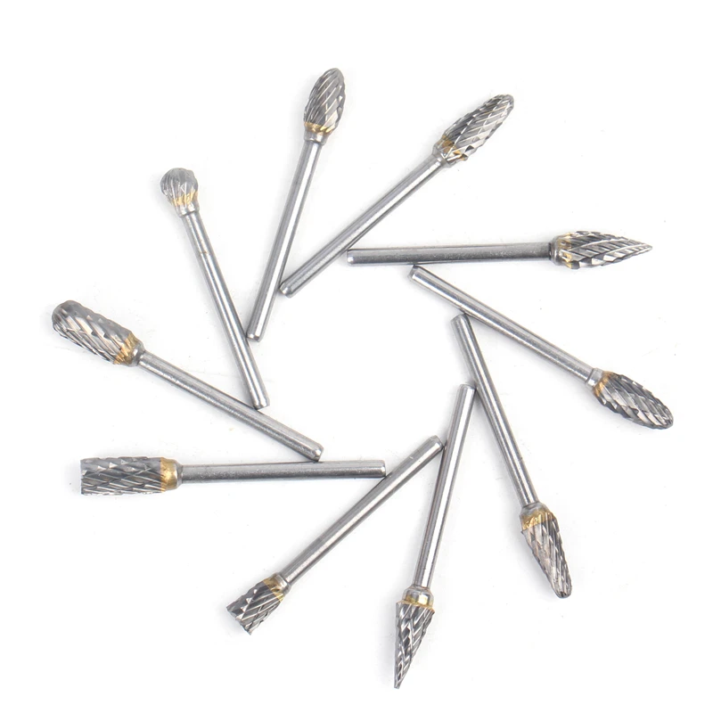 10PCS 3mm Shank Double-Cut Tungsten Carbide Rotary Burr Set Milling Cutter Tools For Copper Aluminum Wood Grinding