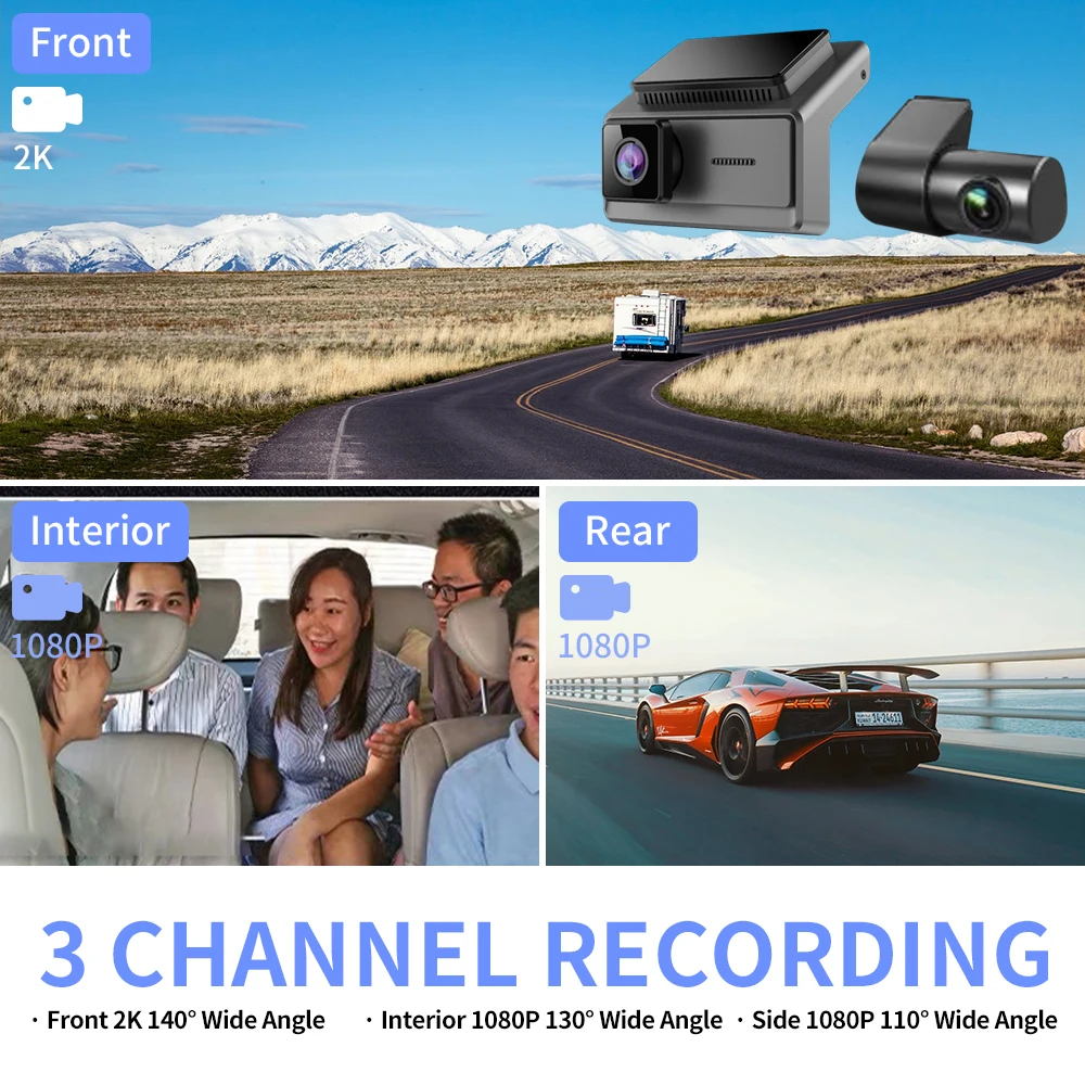 Factory 3 Camera 2K+1K+1K Wifi DashCam 256G Car Video Recorder Front And Rear Inside 3 Lens Wifi Car Dvr 3 Channel 2K Dash Cam