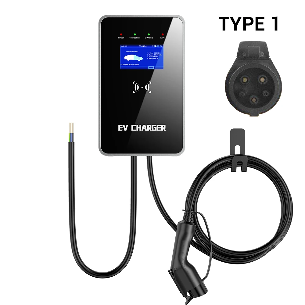 
7kw AC Type1 Ev Charger Wallbox Screen Display LCD Home Swipe card start And plug and charge station CE TUV OCPP1.6 