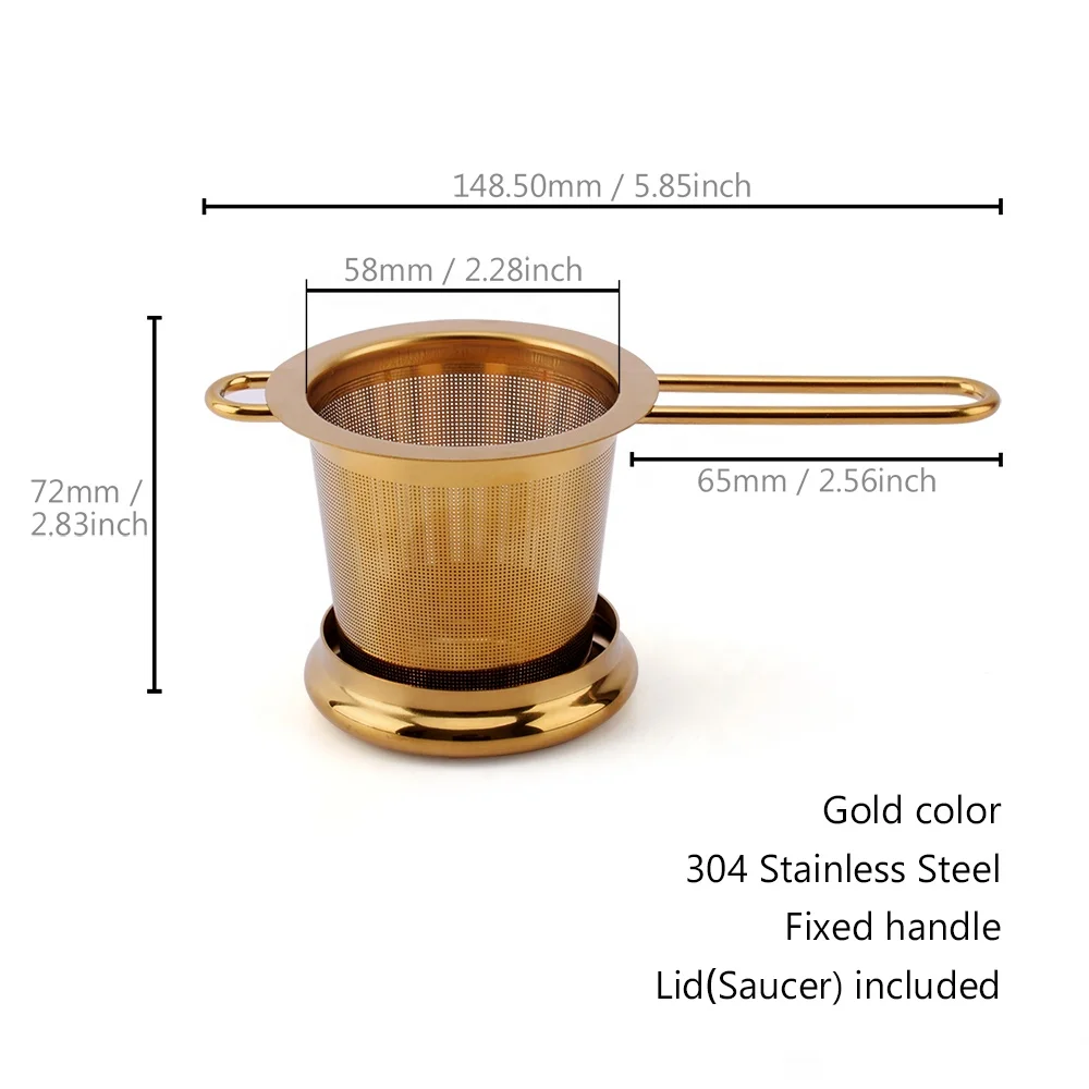 Gold Stainless Steel Tea Infuser Strainer Basket for Loose Leaf Tea with Lid and Fixed Handle