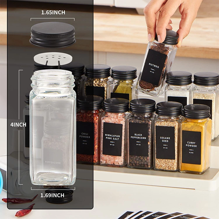 Wholesale 120ml 4oz 24pcs Square Shaker Lids Glass Seasoning Spice Bottle Jar Containers Set with Black Aluminum Lid and Labels