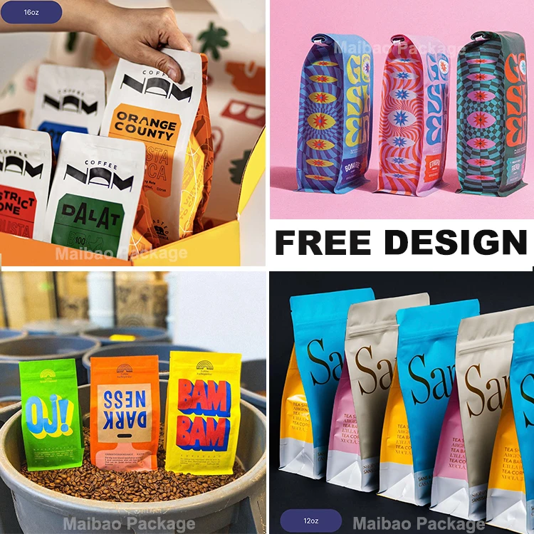 Custom Printed 12 oz 500g 1kg Coffee Tea Bag Biodegradable Coffee Packaging Bag Aluminium Foil Flat Bottom Coffee Bag With Valve