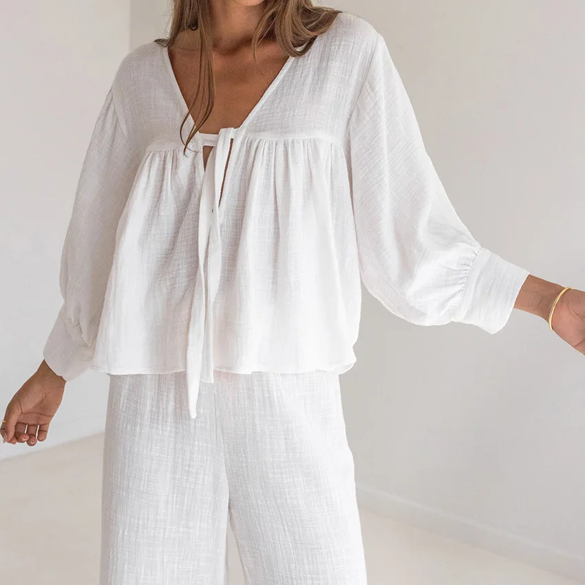 New Double layer Crepe Pajamas Set V-neck French Loose Comfortable Long-sleeved Sleepwear Pure Cotton Home Clothes Set Female