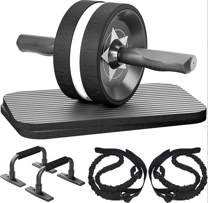 Fitness Muscle Training Push Up Stand Bar Ab Wheel Roller Set with Pull Ropes fabric resistance bands set