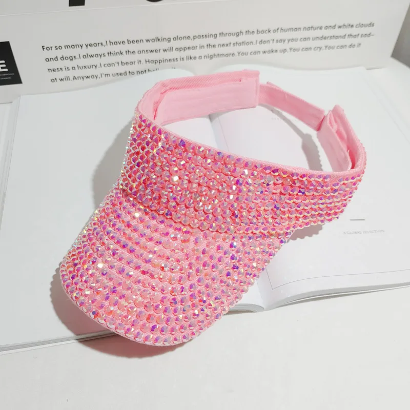 B22414 Wholesale Summer Outdoor Wide Brim Rhinestone Adjustable Breathable Women Sun Visor Hat