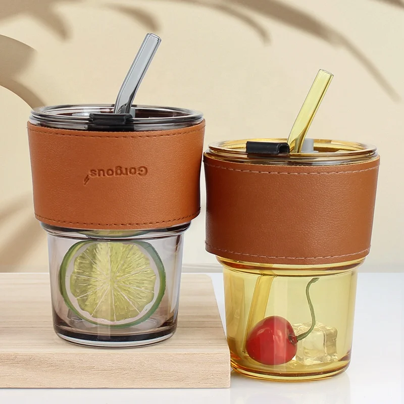 Reusable Custom Water Espresso Coffee Bubble Tea Glass Cups with Lids and Straws Glass cup with leather to prevent scalding