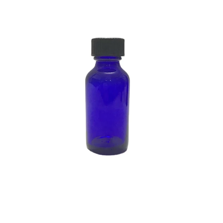 30ml 1oz cobalt blue glass boston round bottle with black poly cone phenolic cap