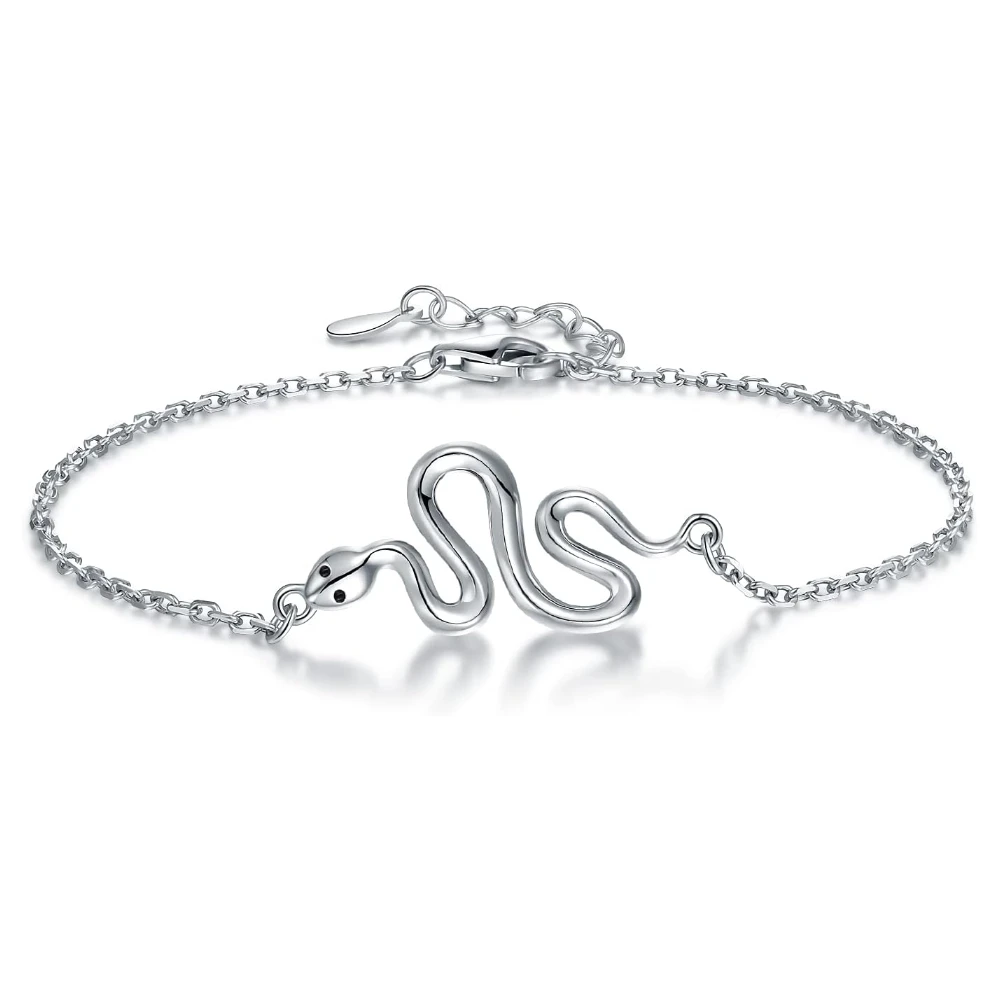 White Gold Plated 925 Sterling Silver Flexible Snake Line Bracelet  Cute Animal Adjustable Snake Chain Bracelet Gift for Women